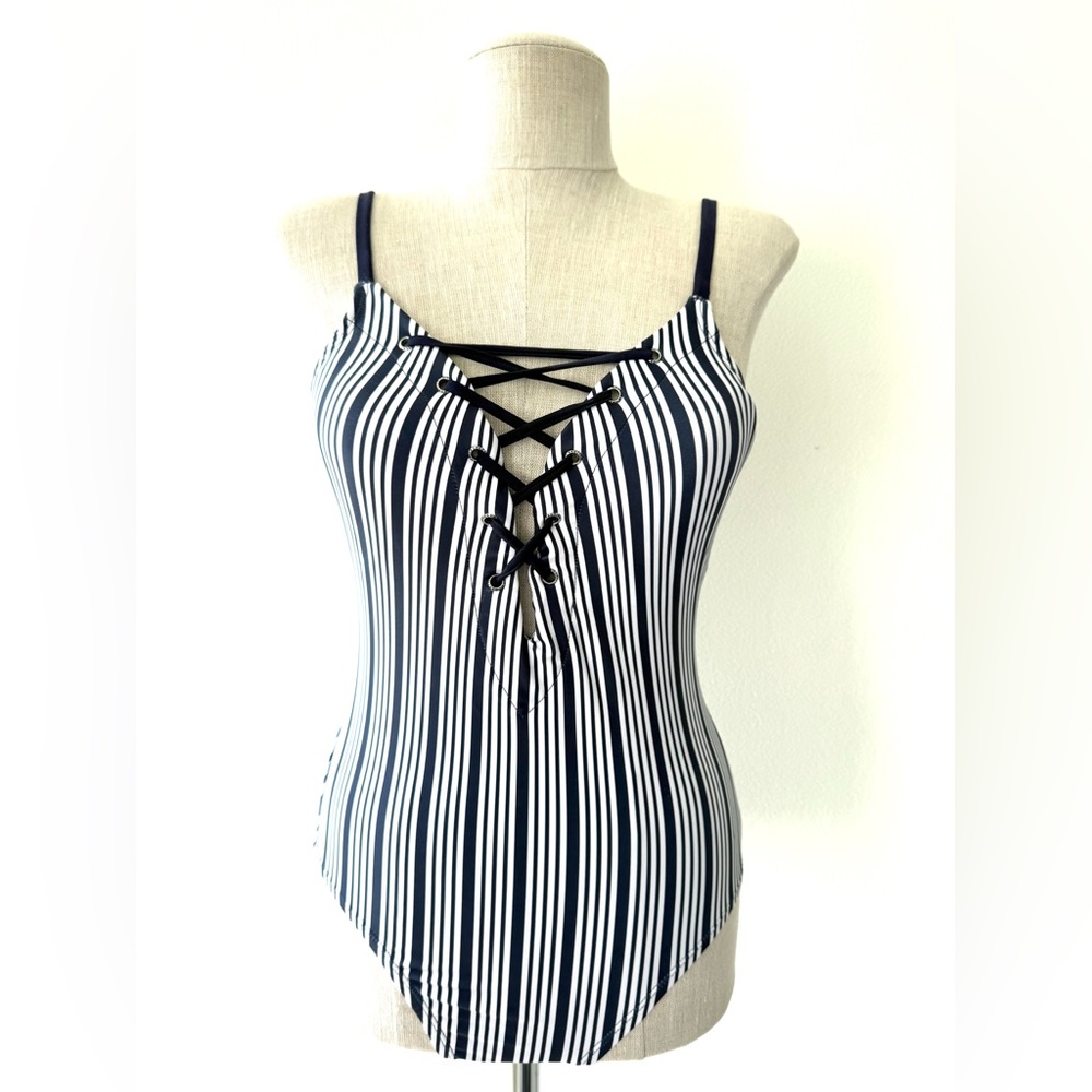 Nautica Navy with White Stripes Mio Laced Front One Piece Swimsuit